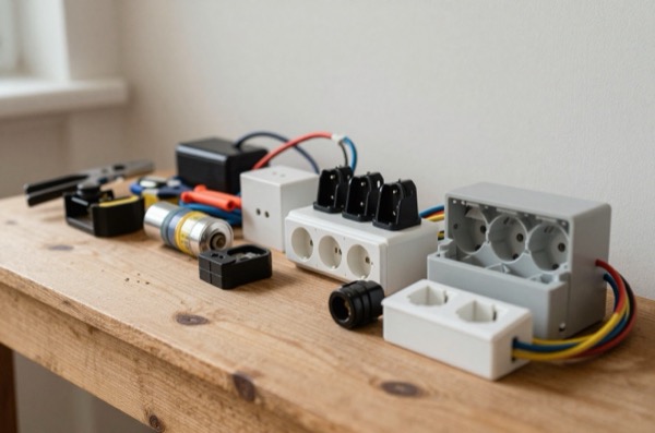 Electrical components and tools arranged on a wooden surface.