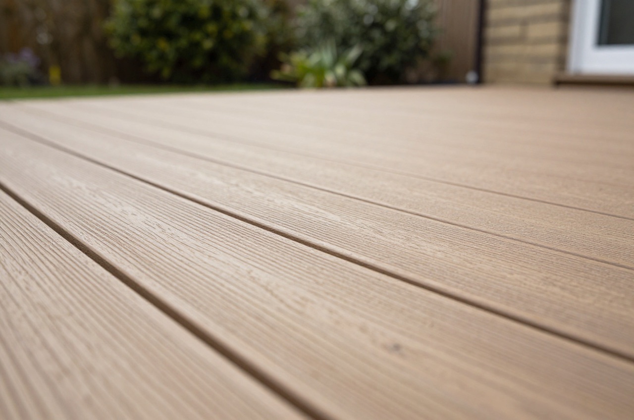 Close-up of Azek decking texture on a garden patio.