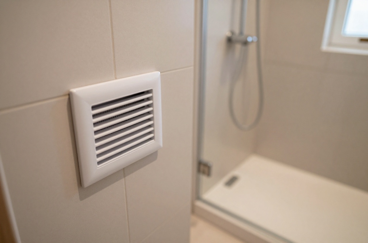 High-angle view of bathroom wall vent and shower area.