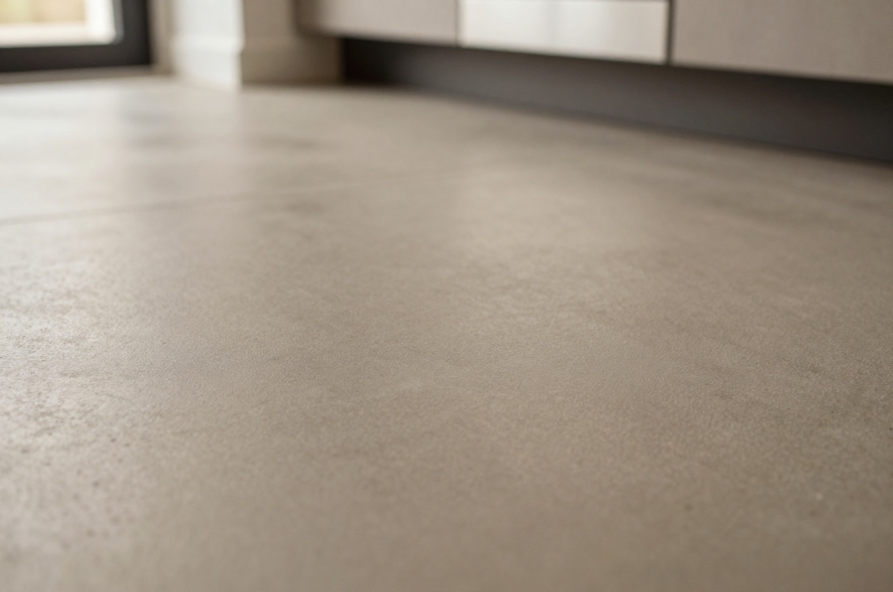 Polished concrete slab floor in a modern British kitchen.