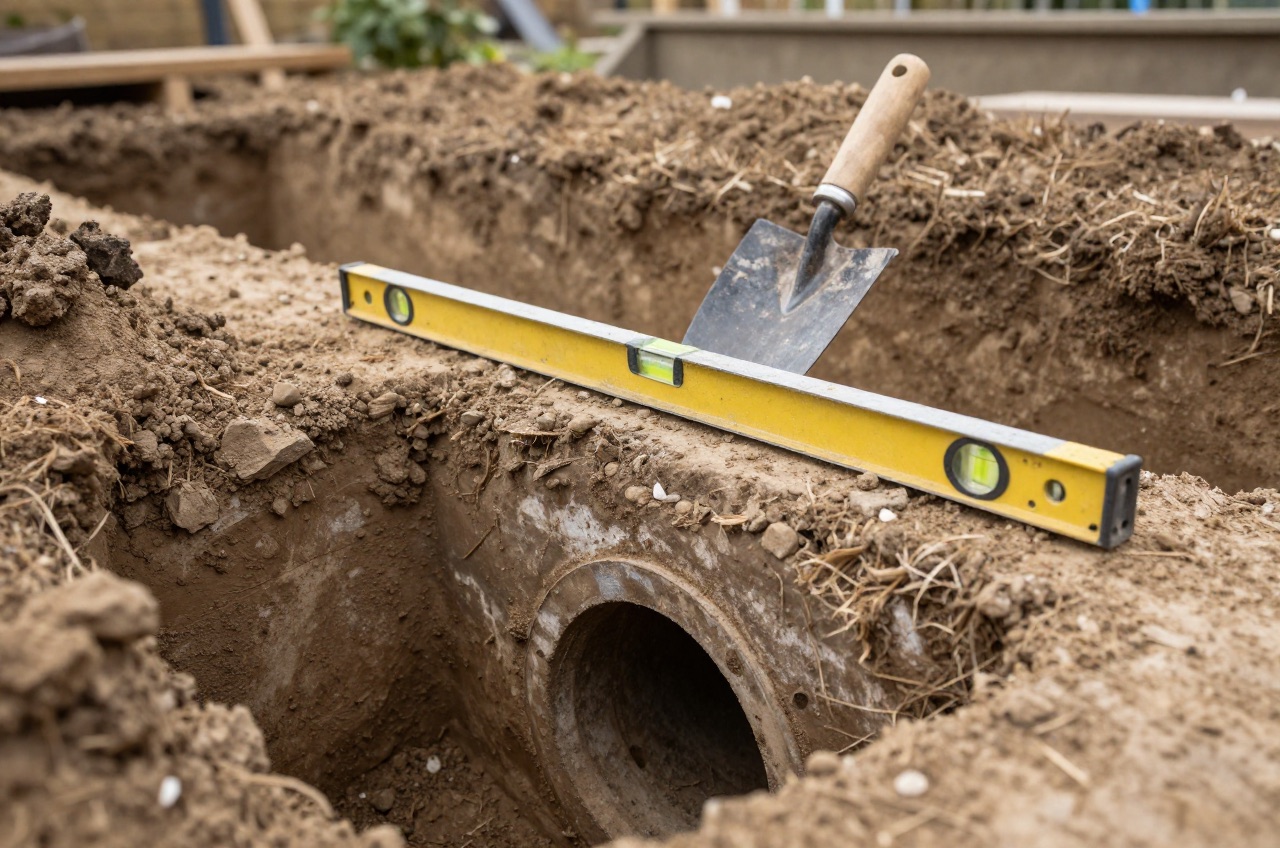 Garden trench exposing old clay sewer pipe