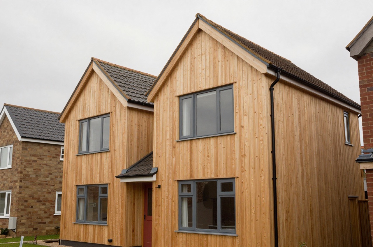 Semi-detached house with timber cladding under overcast sky
