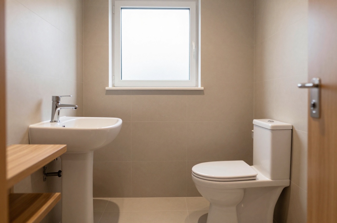 Modern UK cloakroom interior with white sanitaryware and natural light.