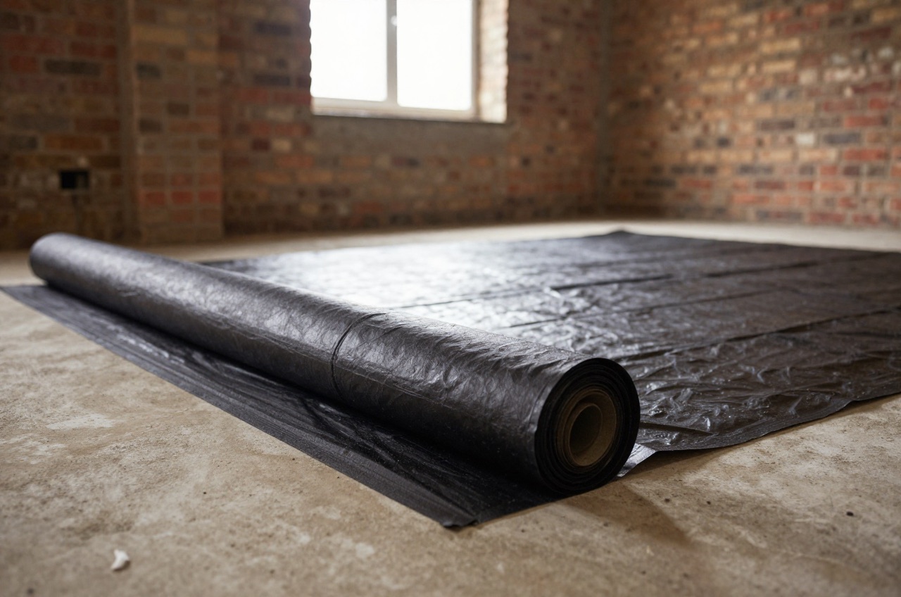 Black damp-proof membrane on concrete basement floor.