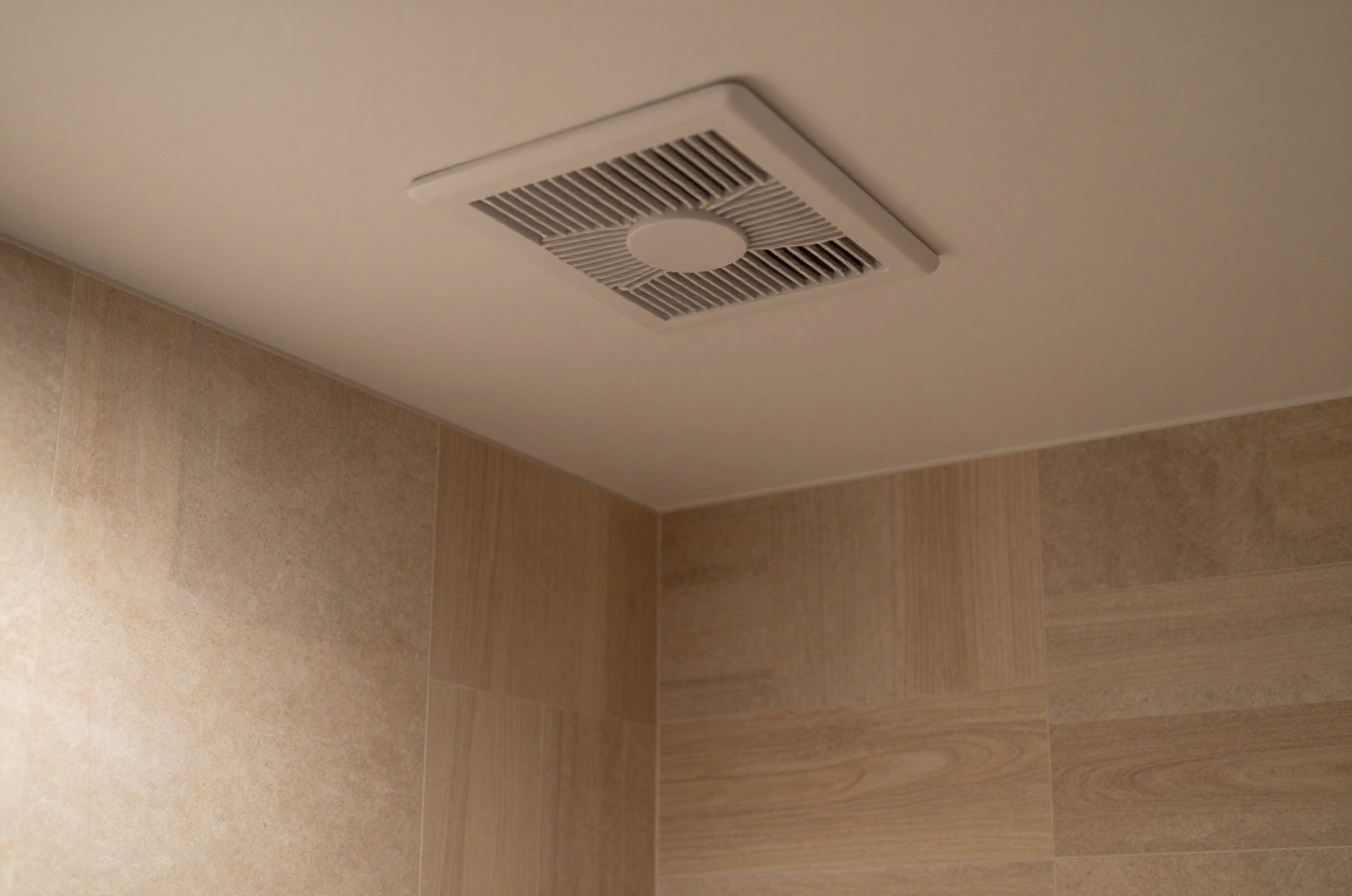 Linear grille fan in minimalist en-suite bathroom.