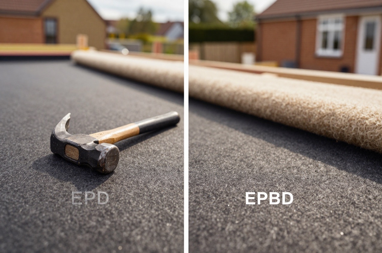 Comparison of EPDM and felt roofing materials during installation.