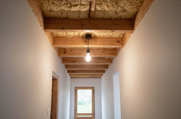 Hallway ceiling showing exposed beams and rigid foam board insulation.