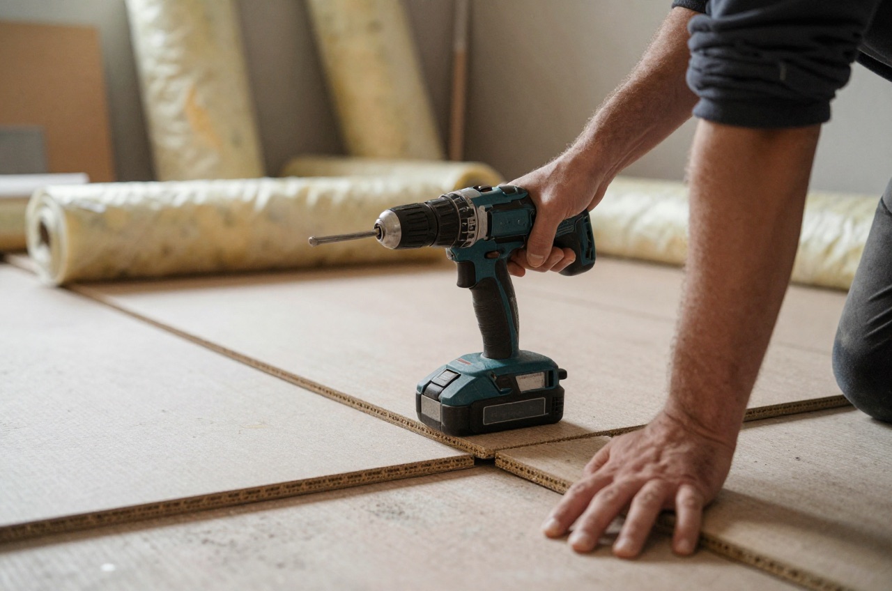 Person using a power drill to secure loft boards in a loft space.