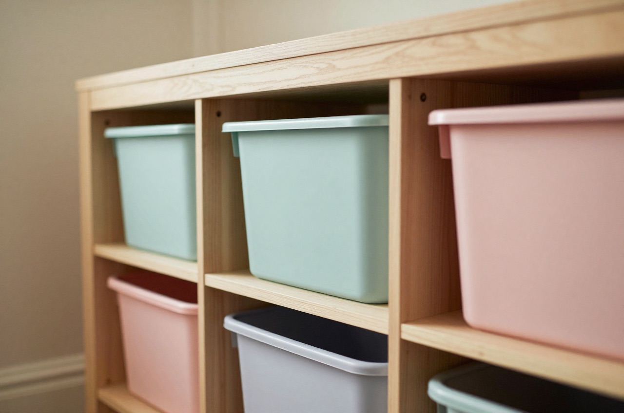 Loft storage area with colourful plastic bins on wooden shelves.