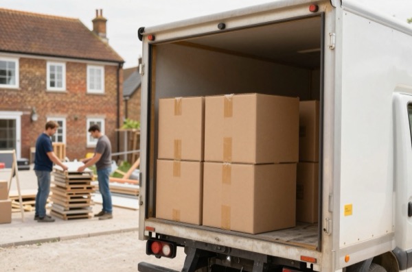 Delivery truck unloading boxes at a construction site.
