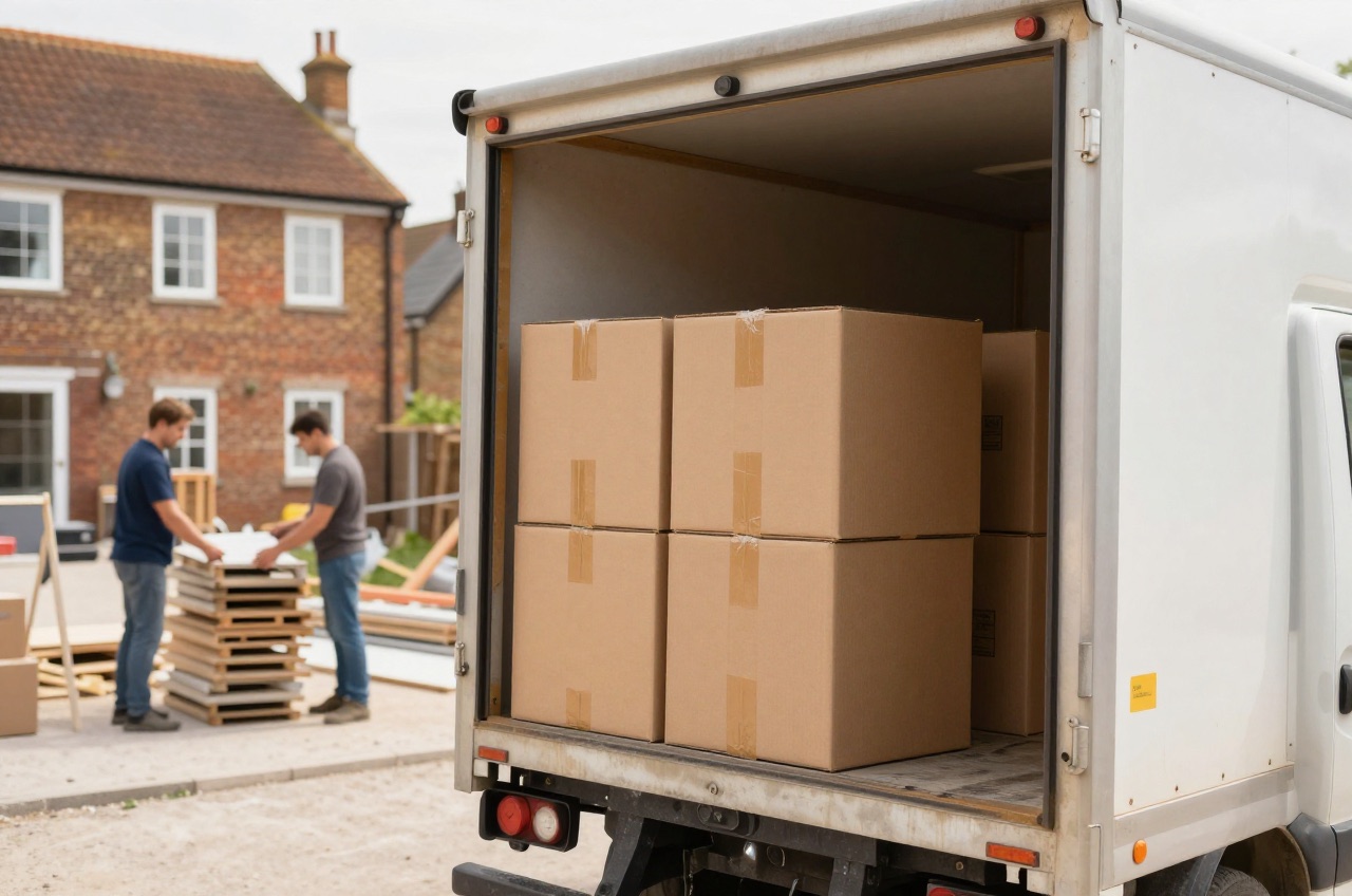 Delivery truck unloading boxes at a construction site.