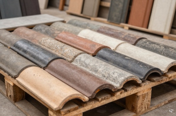 Reclaimed roof tiles with varied textures and colours arranged on wooden pallets.