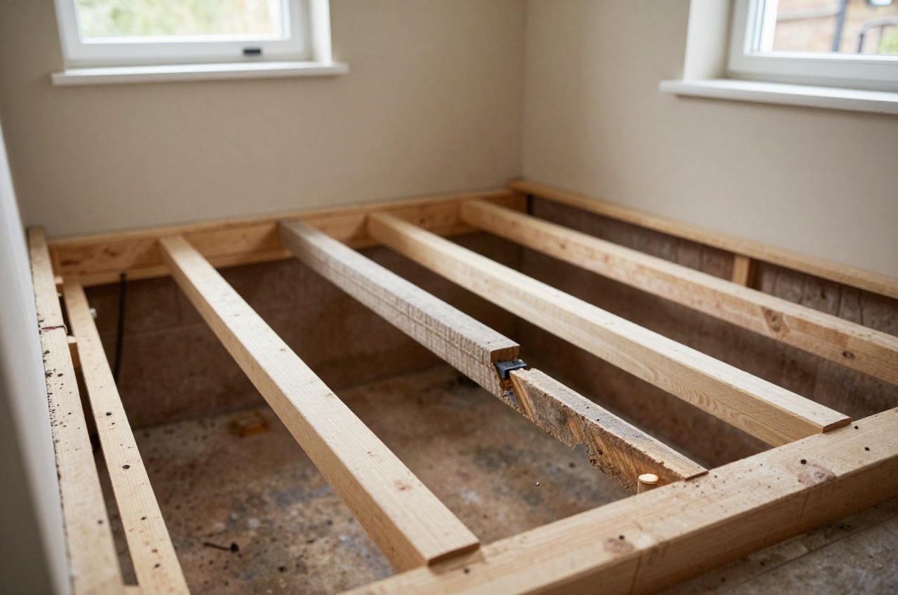 Diagram of sagging floors over a underfloor void with highlighted structural issues.