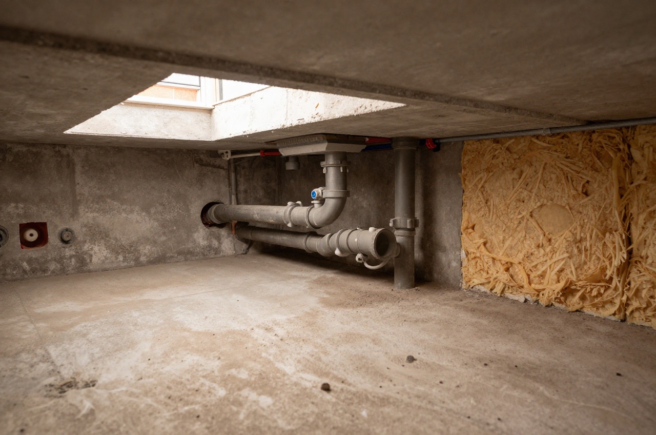 Cross-sectional view of soil and waste pipes in a residential basement.