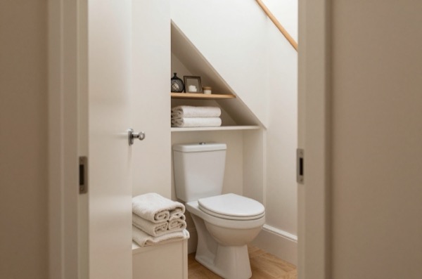 Under-stairs space with toilet, storage, and towels in a warm, functional setup.