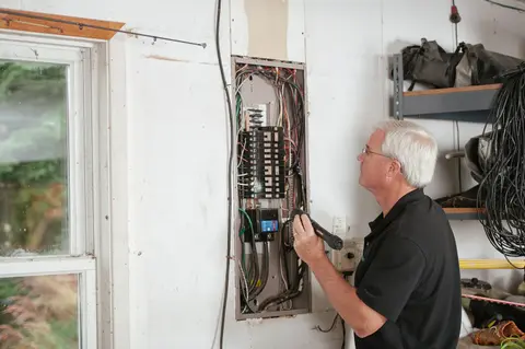 An electrician carefully examines a residential fuse box indoors, ensuring electrical safety and compliance.