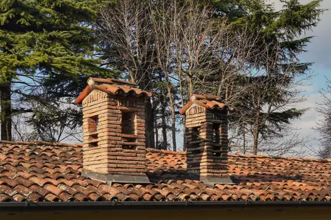 Two rustic brick chimneys on a red-tiled roof with a winter forest backdrop.